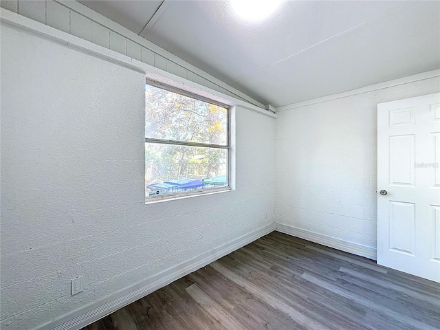 spare room featuring lofted ceiling and dark hardwood / wood-style floors