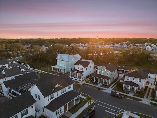 view of aerial view at dusk