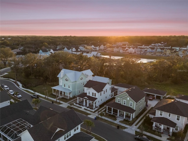 view of aerial view at dusk