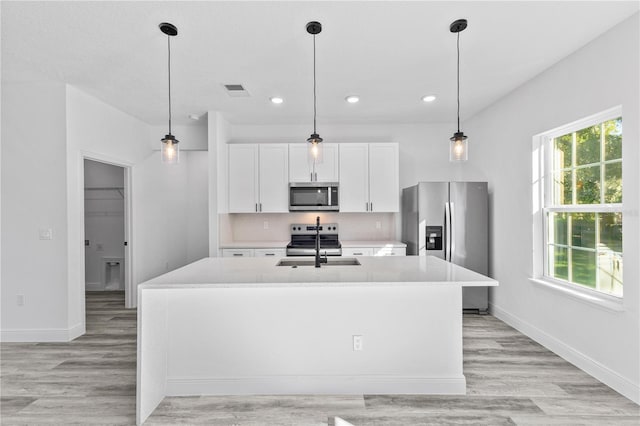 kitchen featuring appliances with stainless steel finishes, an island with sink, white cabinets, backsplash, and a healthy amount of sunlight