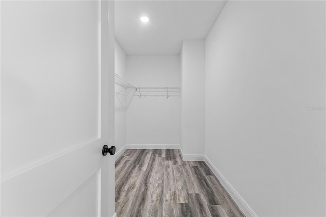 walk in closet with wood-type flooring