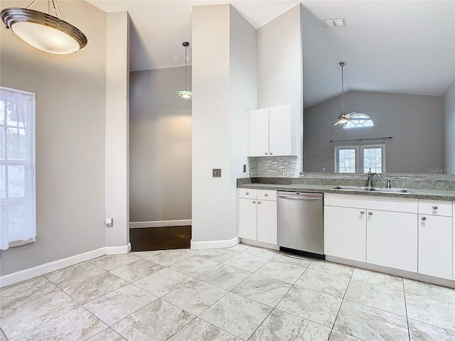 kitchen featuring lofted ceiling, sink, white cabinetry, dishwasher, and pendant lighting