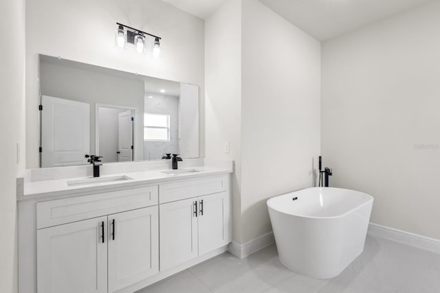 bathroom with independent shower and bath, vanity, and tile patterned flooring