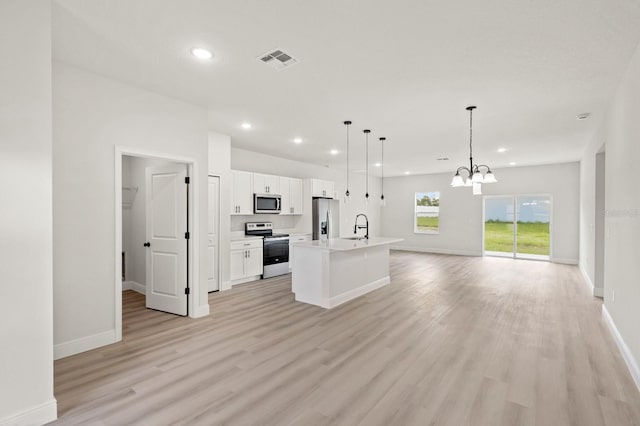 kitchen with sink, hanging light fixtures, stainless steel appliances, an island with sink, and white cabinets