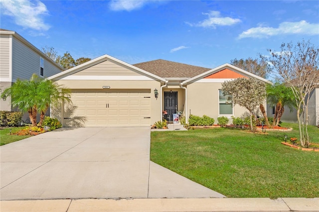 ranch-style home with a garage and a front lawn