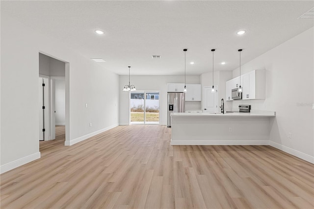 kitchen featuring pendant lighting, light hardwood / wood-style flooring, stainless steel appliances, white cabinets, and kitchen peninsula