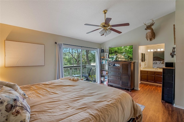 bedroom with lofted ceiling, ceiling fan, connected bathroom, access to outside, and light wood-type flooring