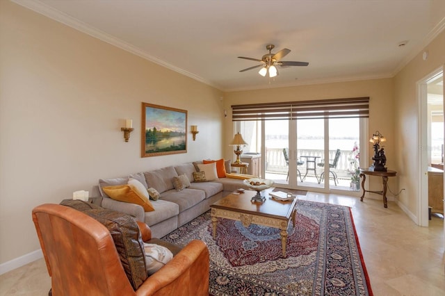 living room with ornamental molding and ceiling fan