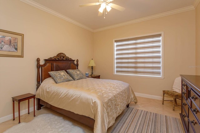 carpeted bedroom featuring crown molding and ceiling fan