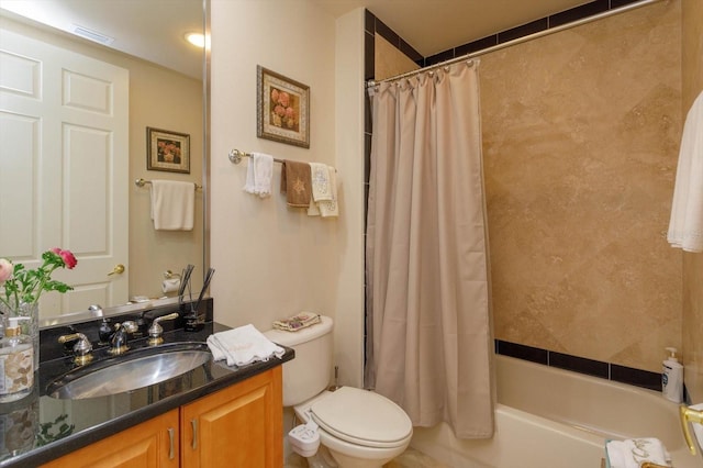 full bathroom featuring vanity, toilet, and shower / bathtub combination with curtain