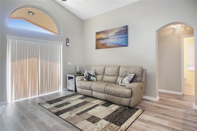 living room featuring high vaulted ceiling and light wood-type flooring