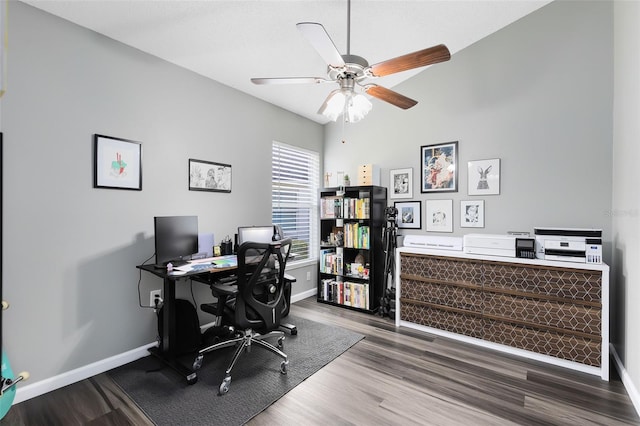 office space with ceiling fan and wood-type flooring