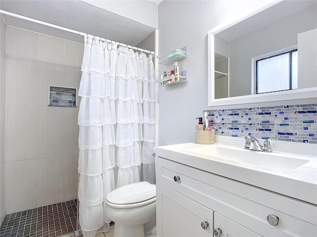 bathroom with a shower with curtain, vanity, backsplash, and toilet