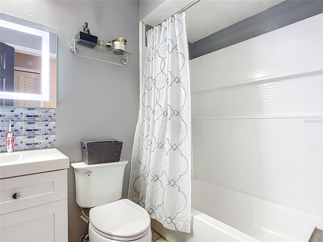 full bathroom with toilet, vanity, shower / bathtub combination with curtain, and backsplash