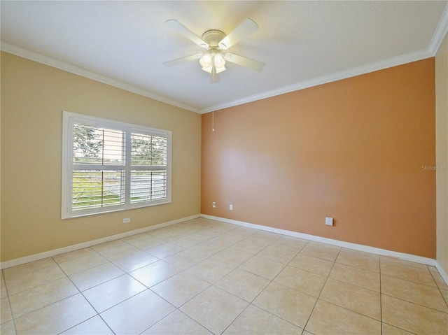 tiled spare room with crown molding and ceiling fan