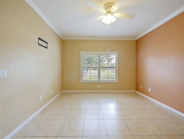 unfurnished room with ceiling fan, ornamental molding, and light tile patterned floors