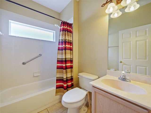 full bathroom with tile patterned flooring, vanity, toilet, and shower / tub combo with curtain