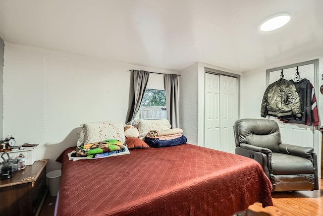 bedroom with hardwood / wood-style flooring and a closet