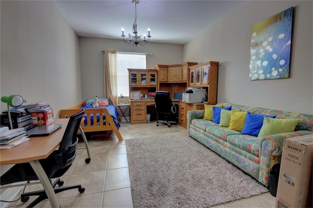 home office featuring light tile patterned flooring and a notable chandelier