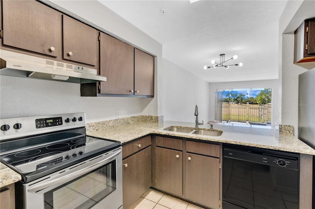 kitchen with sink, stainless steel electric range, light tile patterned floors, kitchen peninsula, and black dishwasher