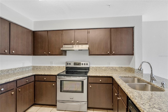 kitchen with dark brown cabinets, sink, and electric stove