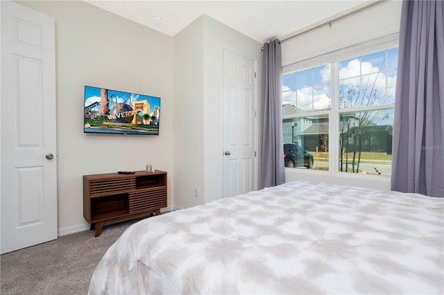 bedroom with light colored carpet