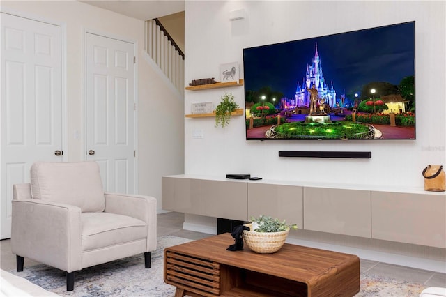 living room featuring light tile patterned flooring