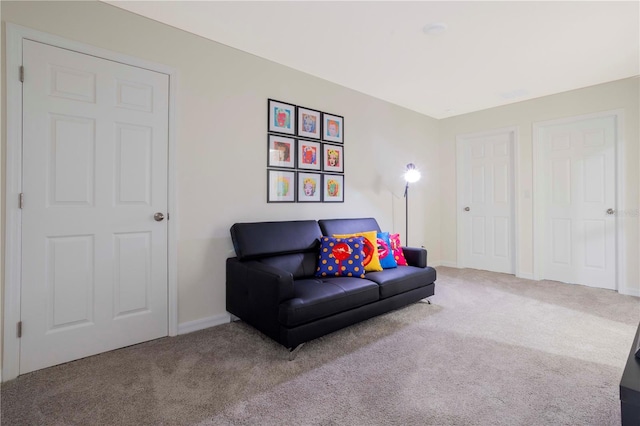 living room featuring light carpet