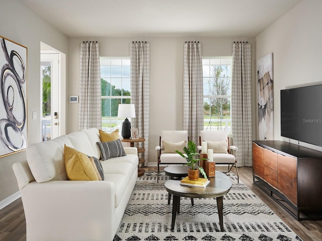 living room featuring dark hardwood / wood-style flooring and a wealth of natural light