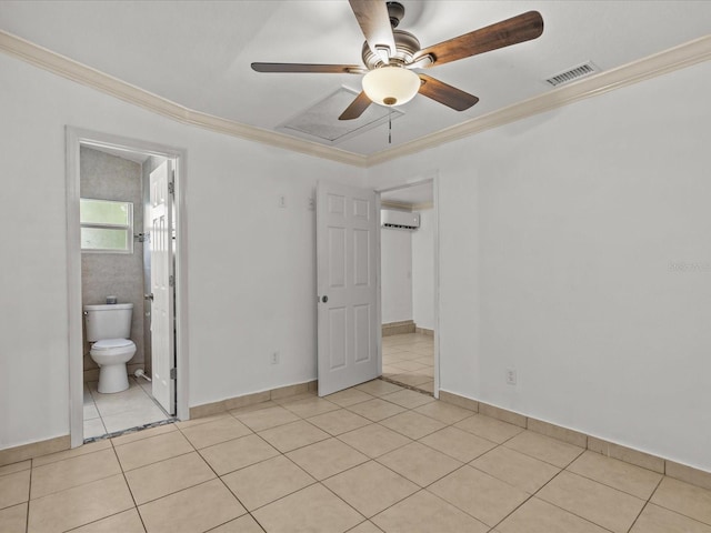 unfurnished bedroom with crown molding, ceiling fan, a wall unit AC, and light tile patterned floors