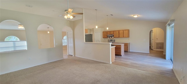 kitchen with exhaust hood, appliances with stainless steel finishes, light carpet, and ceiling fan