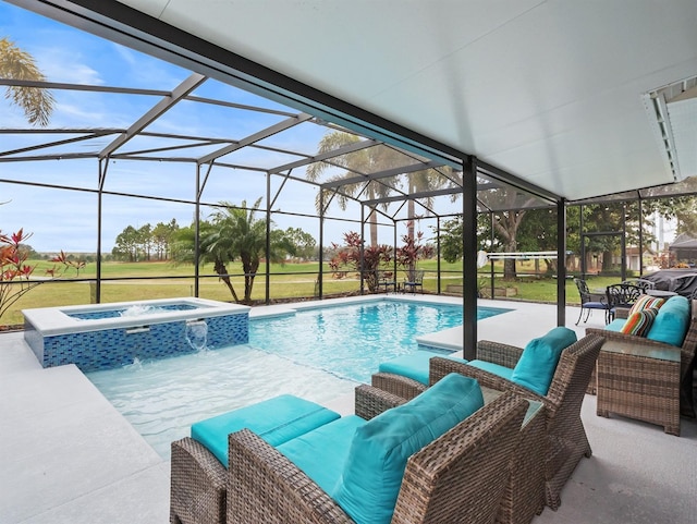 view of swimming pool with an in ground hot tub, outdoor lounge area, a lanai, and a patio area