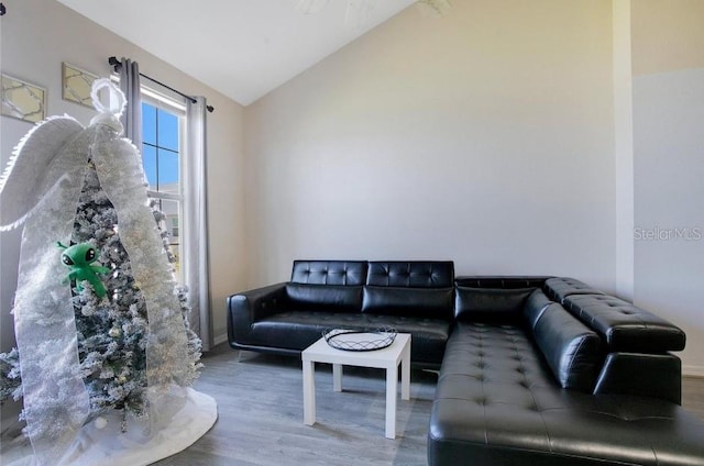 living room featuring lofted ceiling and hardwood / wood-style flooring