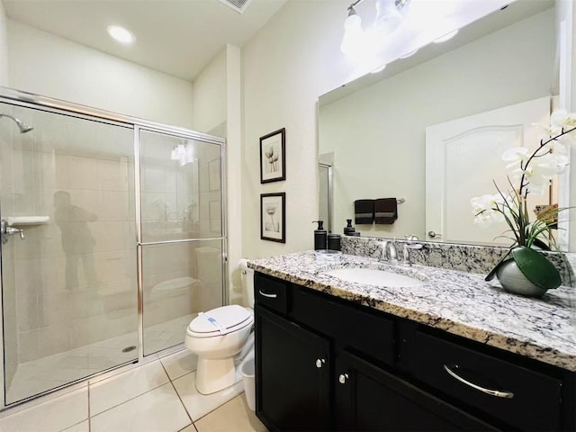 full bathroom with tile patterned floors, toilet, a stall shower, recessed lighting, and vanity