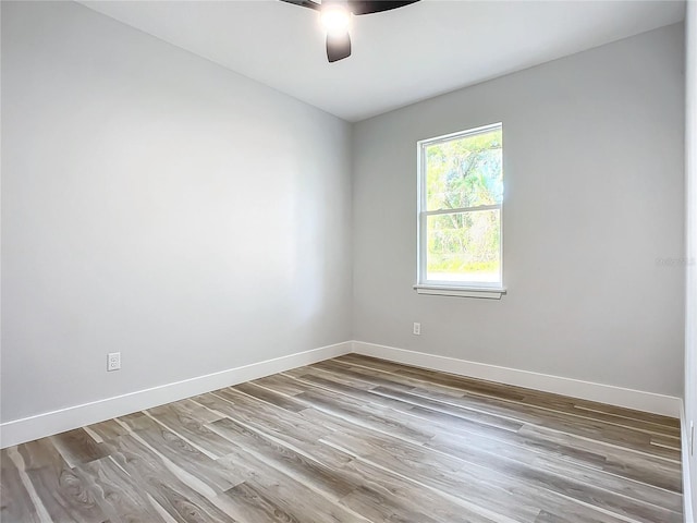 spare room with ceiling fan and light wood-type flooring