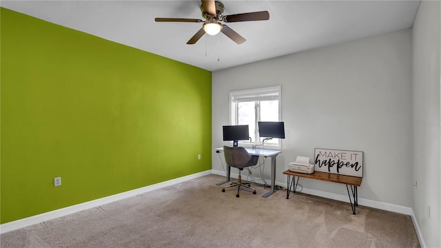 carpeted office with ceiling fan