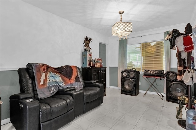 living room featuring an inviting chandelier