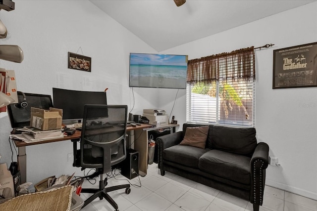 office space featuring lofted ceiling and ceiling fan