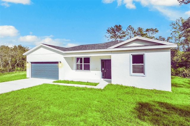 ranch-style house featuring a garage and a front yard