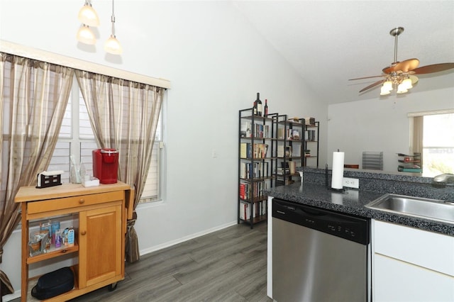 kitchen featuring dark wood-type flooring, sink, vaulted ceiling, stainless steel dishwasher, and ceiling fan