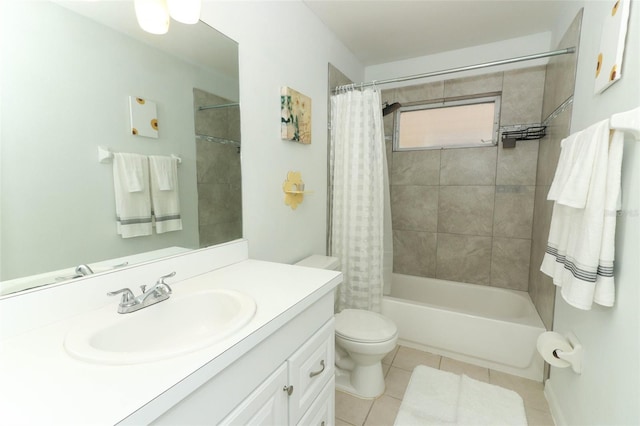 full bathroom with vanity, shower / tub combo, tile patterned floors, and toilet