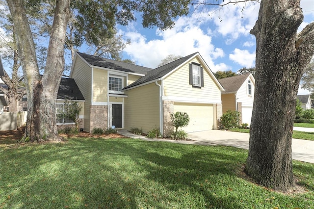 view of front of home with a garage and a front lawn