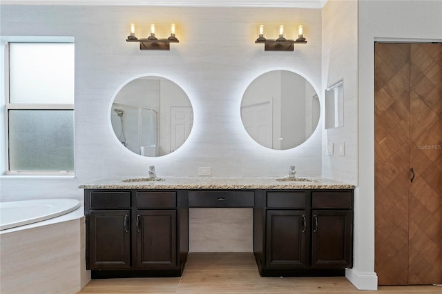 bathroom with vanity, a bathtub, and wood-type flooring