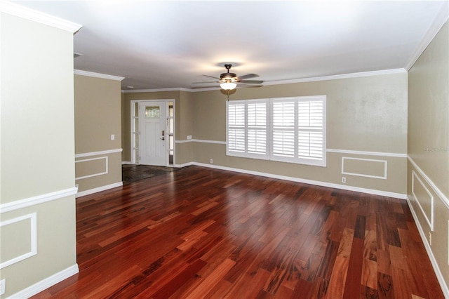 unfurnished room featuring wood-type flooring, ceiling fan, and crown molding