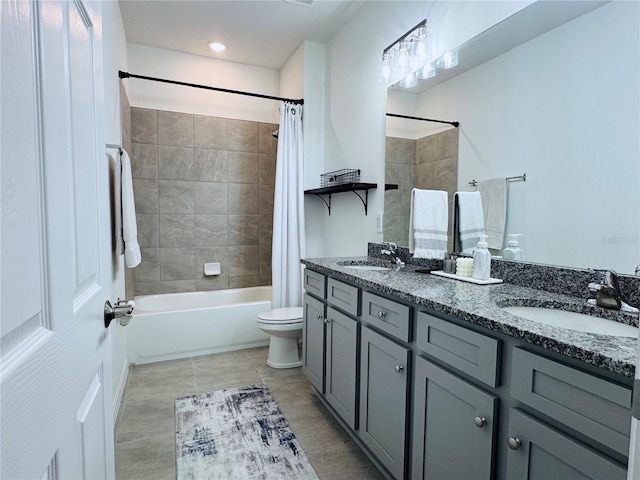 full bathroom with vanity, shower / bathtub combination with curtain, and toilet