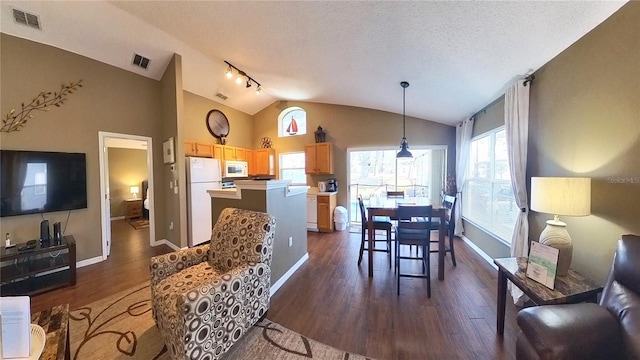 dining space with vaulted ceiling, dark hardwood / wood-style flooring, track lighting, and a textured ceiling