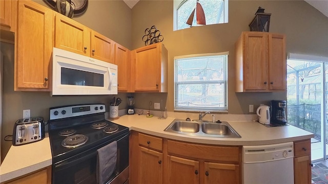 kitchen featuring white appliances, a healthy amount of sunlight, sink, and light brown cabinets