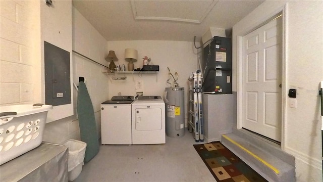 clothes washing area with independent washer and dryer, electric panel, electric water heater, and heating unit