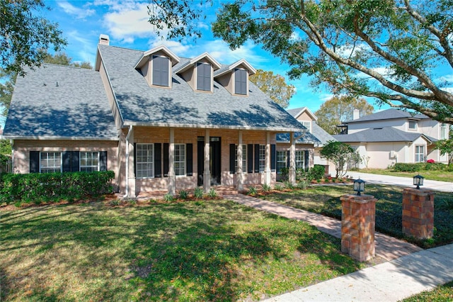 cape cod home featuring a porch and a front lawn