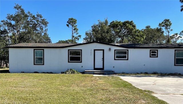 single story home featuring a front lawn and stucco siding